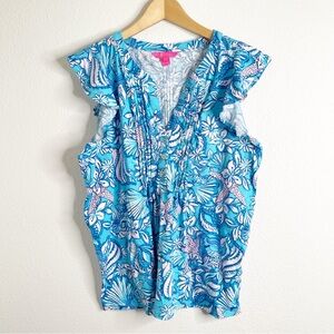 Lilly Pulitzer Golda Blouse Top Amalfi Blue Sound The Sirens‎ Shirt Size Large